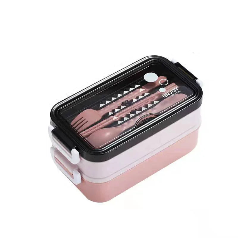 1Pc 1400ml Double-Layer Lunch Box, Portable Compartment Food Container, Microwave Safe with Fork, Chopsticks & Spoon for Picnic
