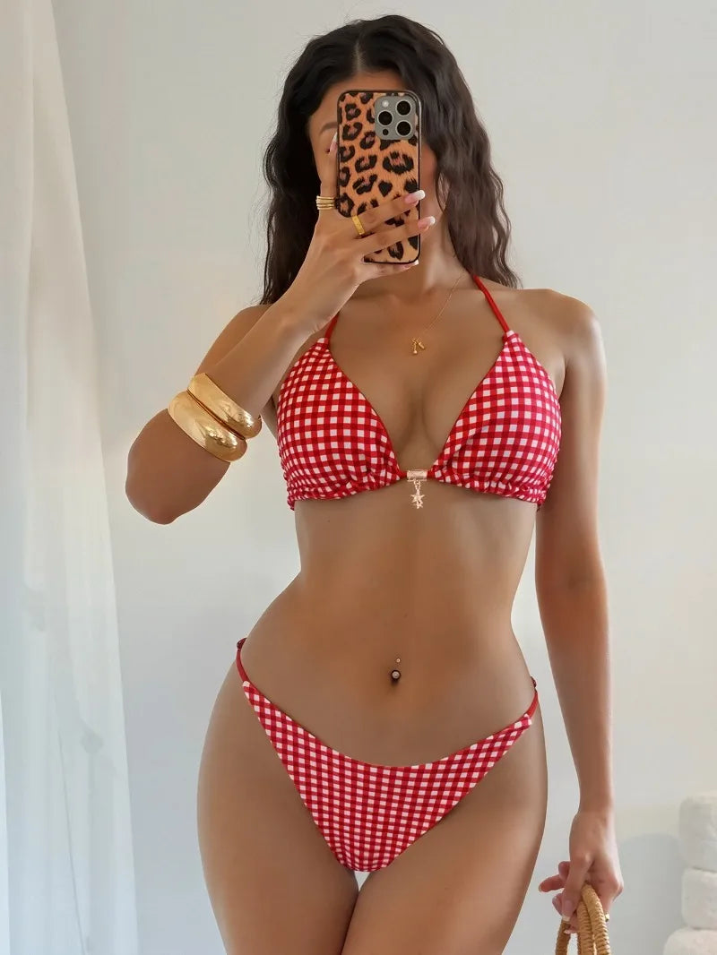 Retro Polka Dot Bikini Set Women Swimsuit Female Swimwear Micro Thong Bikinis Brazilian Halter Beach Wear Lace Up Bathing Suit