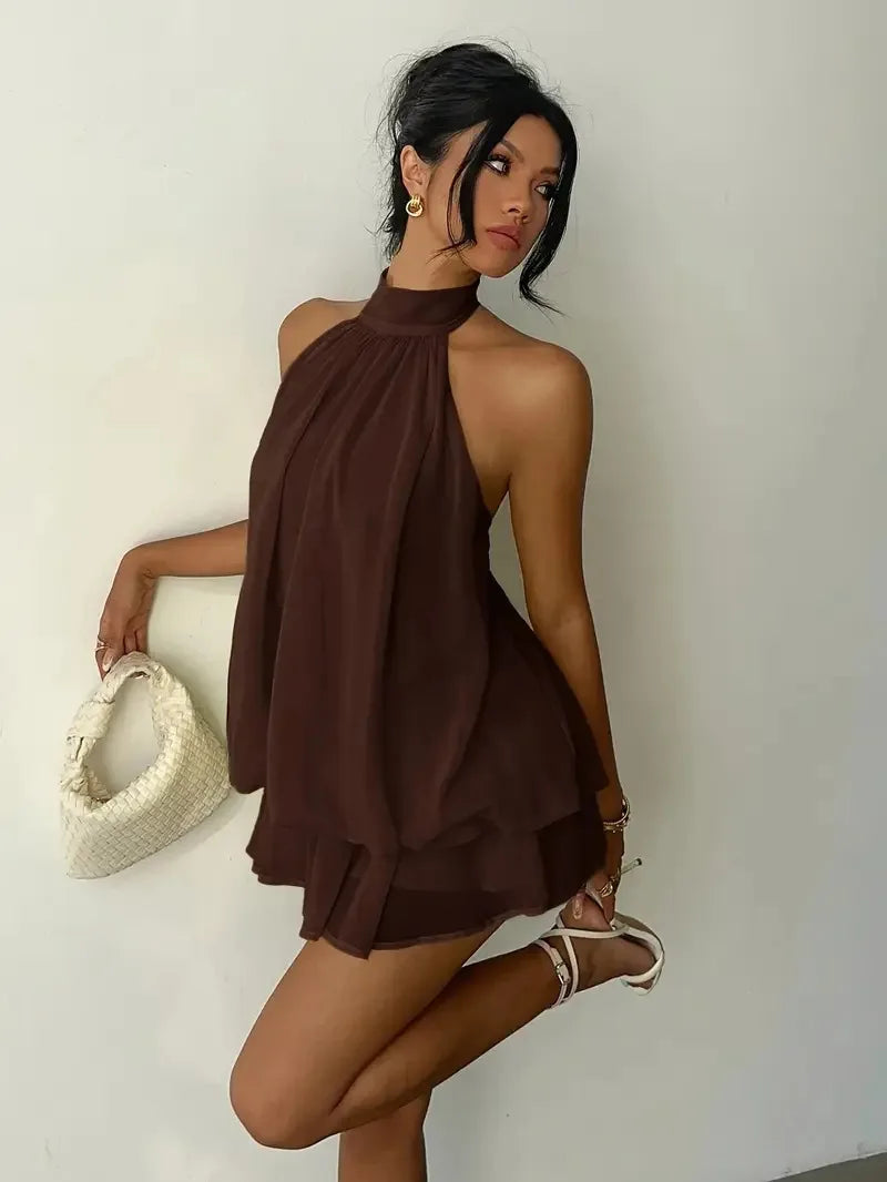 Women Halter Neck Backless Tie Mini Dress Summer Sleeveless Chiffon Ruffle Short Dresses Sexy Club Party Beach Vacation Outfit