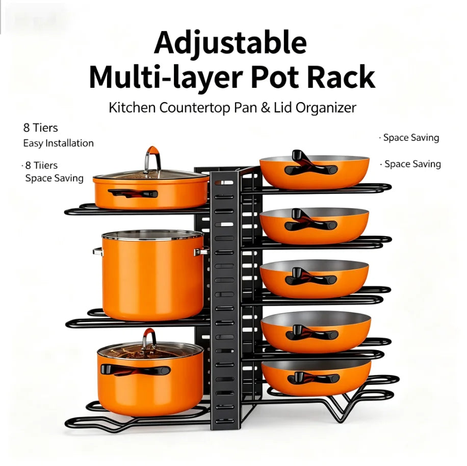 HTMCK Space-Saving 8-Tier Pot Rack Organizer - Durable Metal Holder for Pans, Pots, and Lids to Keep Your Kitchen Neat and Tidy