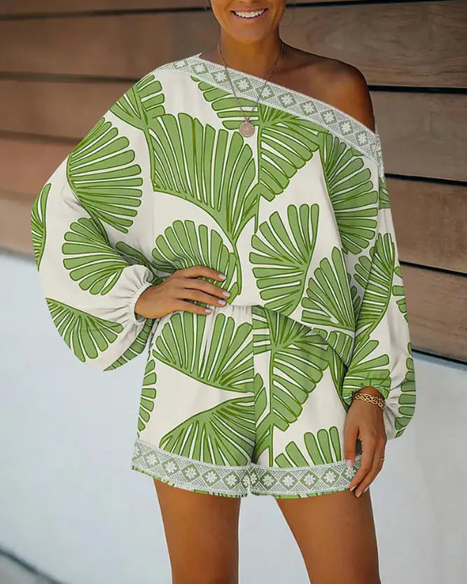 Two Piece Set Women Outfit 2026 Spring New Fashion Print Lantern Sleeve Slanted Collar Loose Top & Elastic Waist Shorts Set