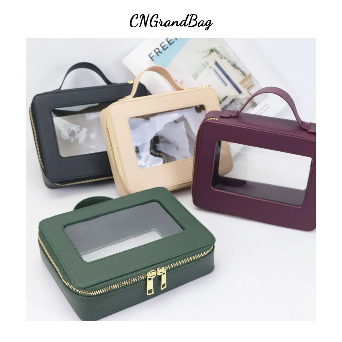 Custom Genuine Leather Travel Cosmetic Bag Set Colorful Classic Saffiano Portable Travel Clear PVC Cosmetic Bag TPU Wash Bag