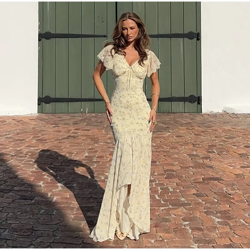 Elegant Sexy Print Fish Dress Women V Neck Short Sleeves High Waist Ruffles Split Vestidos Female 2026 Summer New Chic Dresses