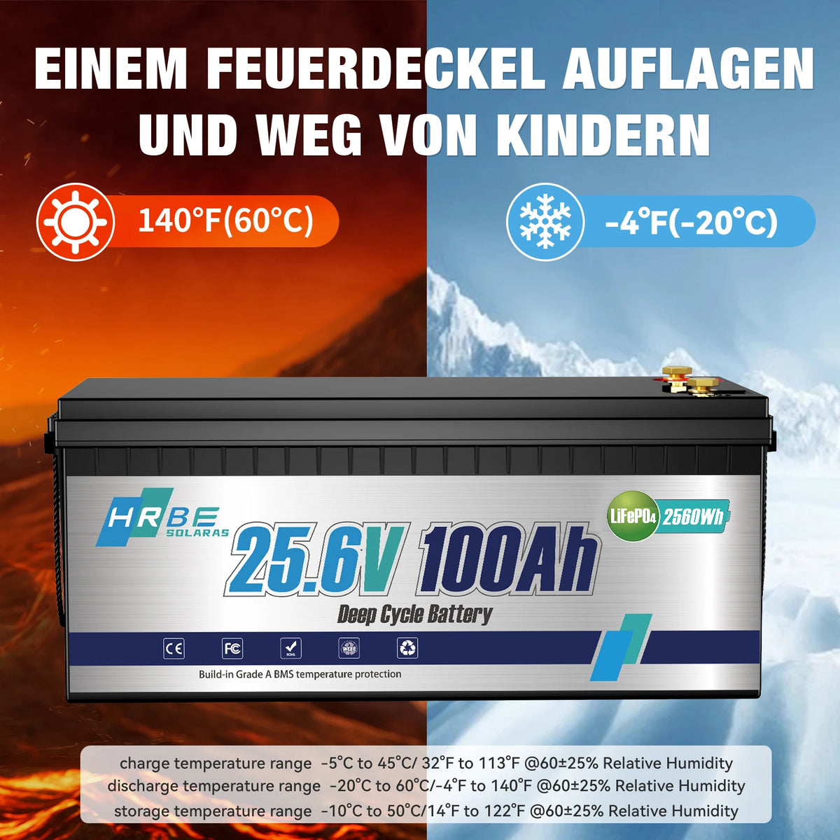 HRBE 24V 100Ah LiFePO4 Battery Bluetooth With BMS 8000+Deep Cycles For Camper RV Home Energy Solar Trolling Motor 24V Lithium Battery