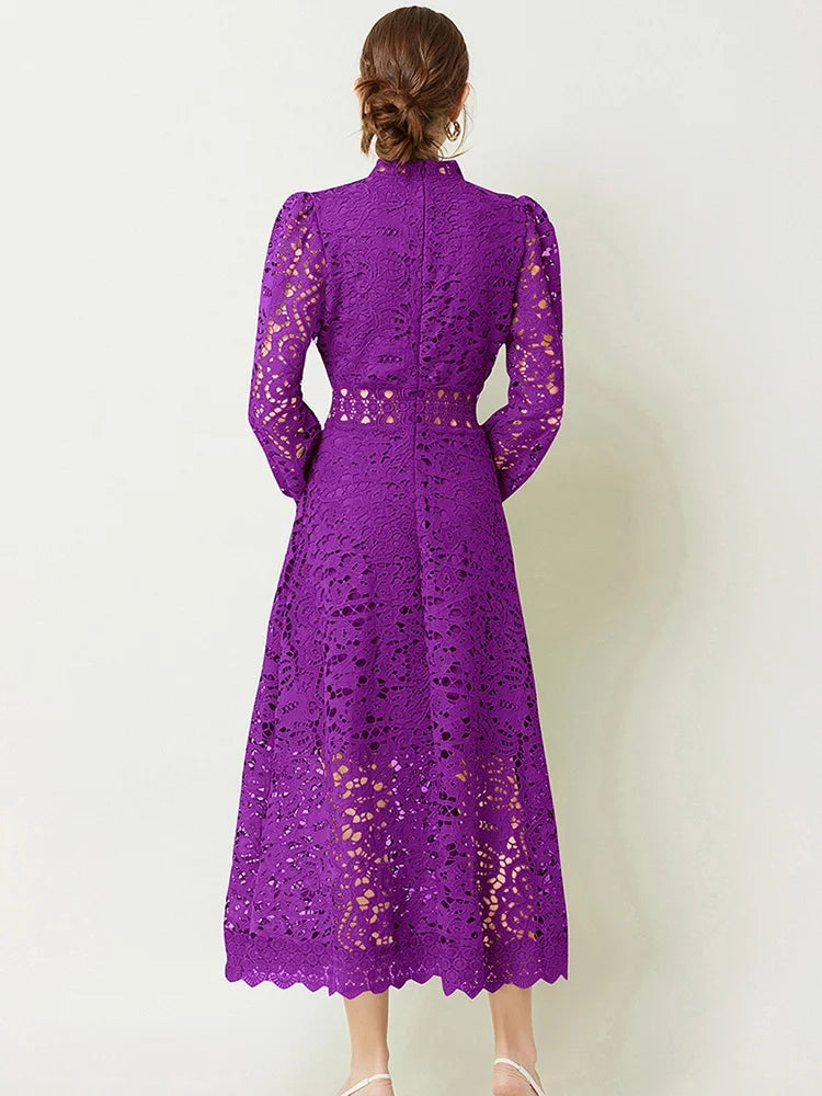 Solid Lace Holloe Out Slimming Elegant Dresses For Women Stand Collar Long Sleeve High Waist Minimalist Dress Female Fashion