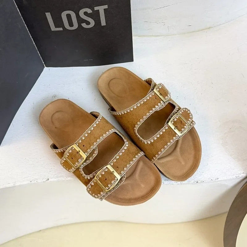 Women's Flat Slide Sandals Open Toe Suede Look Double Buckle Strap Slip on Whipstitch Detail Casual Summer Daily Walking Shoes