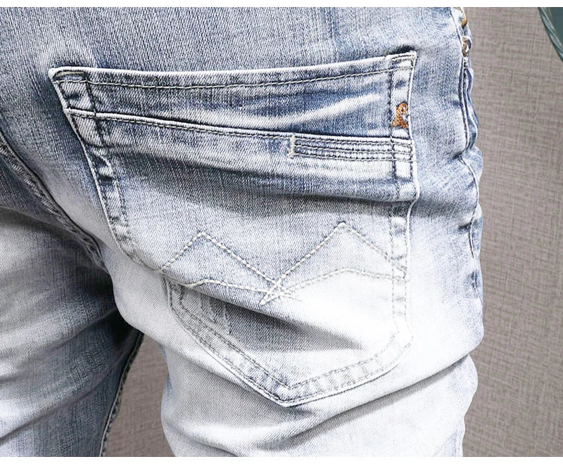 Streetwear Fashion Men Jeans Retro Light Blue Elastic Slim Fit Ripped Jeans Men Embroidery Designer Vintage Casual Denim Pants