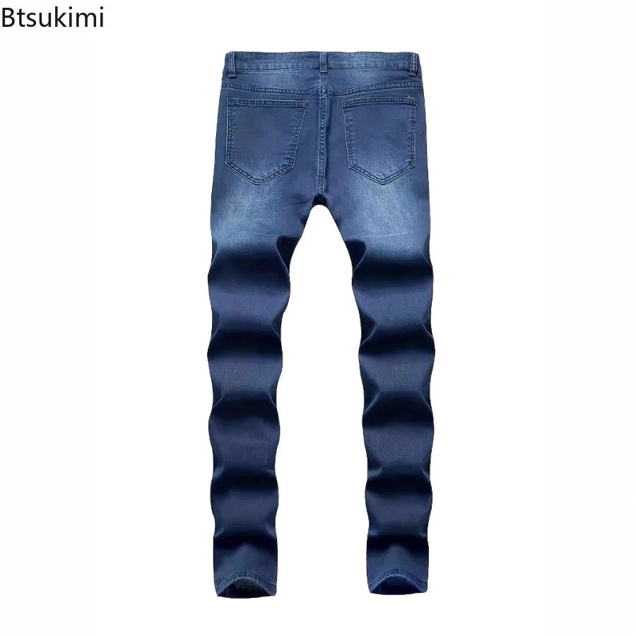 New Men's Fashion Ripped Skinny Jeans Street Style Vintage Washed Solid Holes Denim Trousers Male Casual Slim Pencil Denim Pants