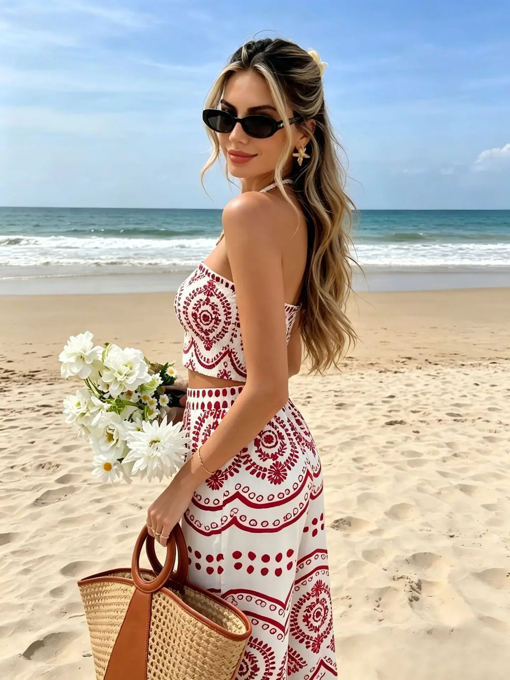 New Bohemian Vacation Plant Print Bandeau Wide Leg Pants, Fashion Two Piece Outfit