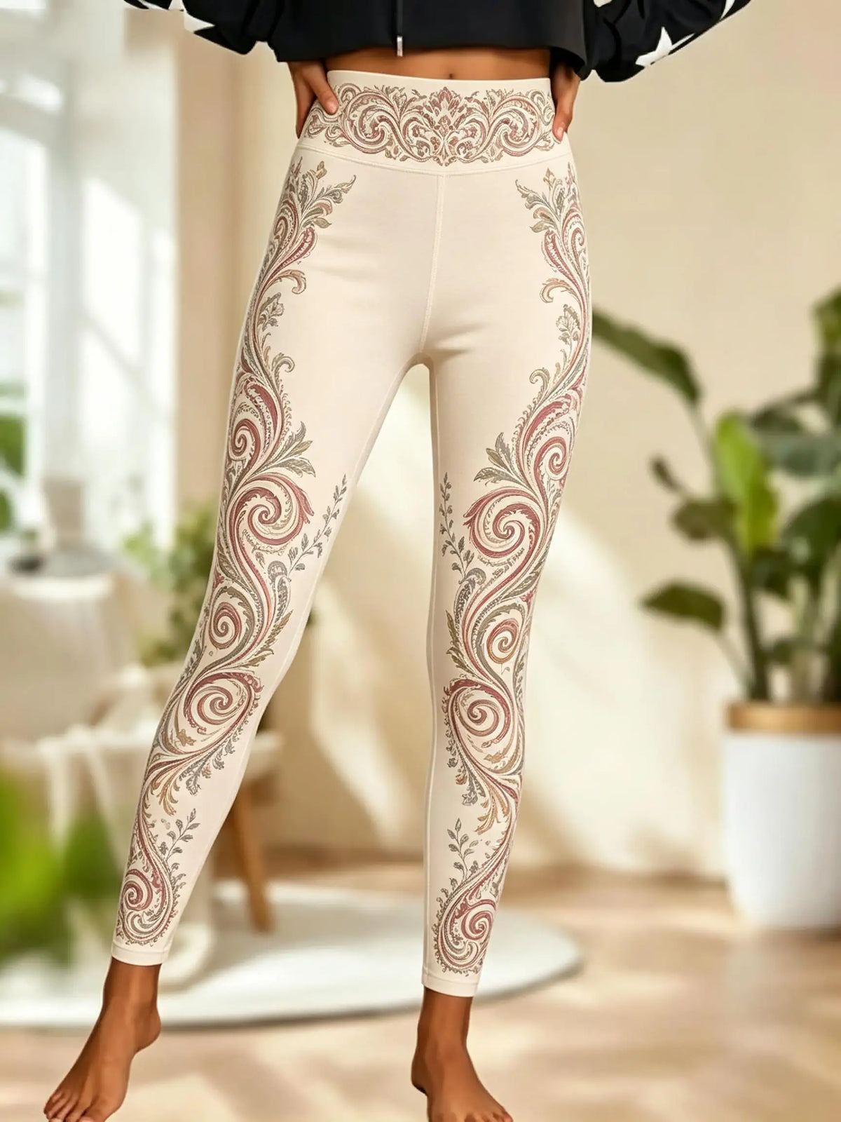Women Fleece‑lined Mid‑rise Leggings Bohemian Paisley Floral Tribal Border Print Slim Stretch Winter Casual Pants