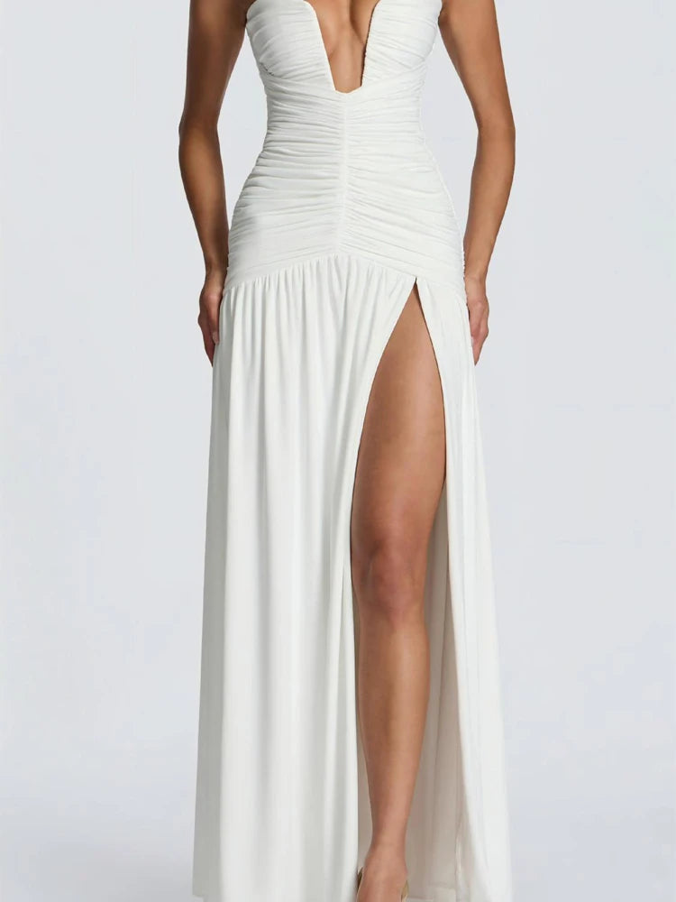 Women Elegant Deep V-neck Pleated Strapless Dress Chic Off-shoulder Backless Split Maxi Dresses 2026 Lady Evening Party Vestidos