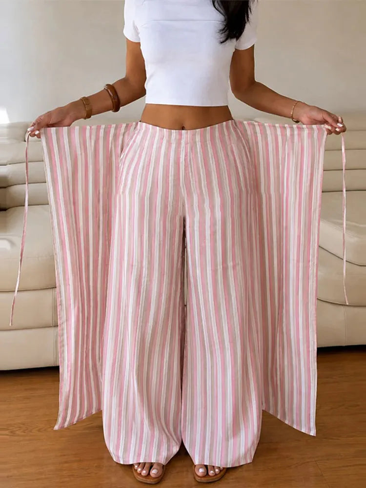 Colorful Striped Wide Leg Trousers Women Bohemian High Waist Multi-color Panelled Slim Straight Pants Fashion Lady Beachwear New