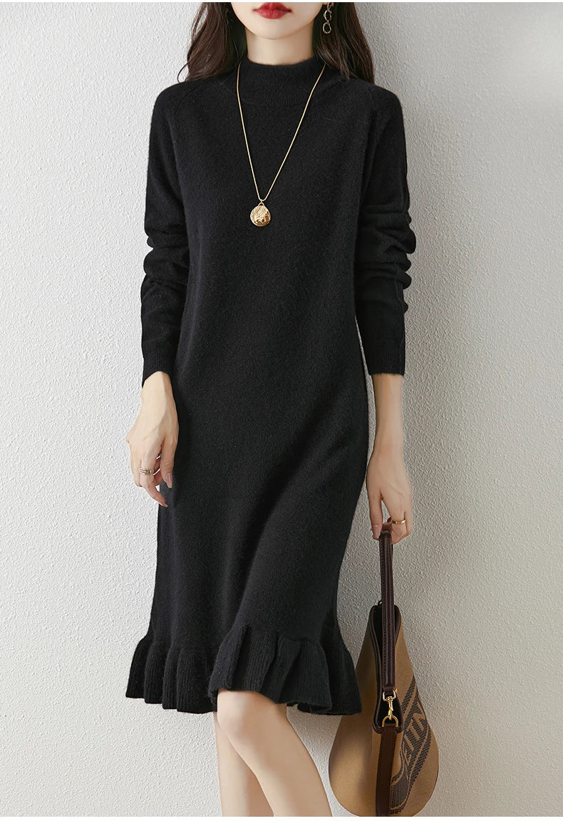 Women's Pure Wool Knitted Dress, High Collar, Pleated, Casual, Fashionable, Warm, 2024 Autumn And Winter