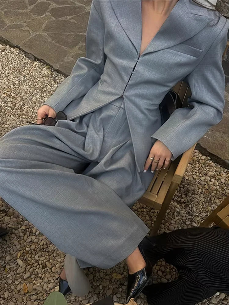 Casual V-neck Blazer Pants Set Women Single Breasted Pocket Jacket Wide Leg Trousers Lady Suit 2026 Elegant 2 Pieces Sets Female