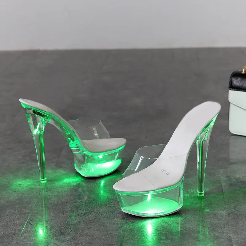 Sexy Crystal Heel Slippers Transparent High Heels Nightclub Performance Show Shoes PU Material Waterproof Platform Rubber Sole