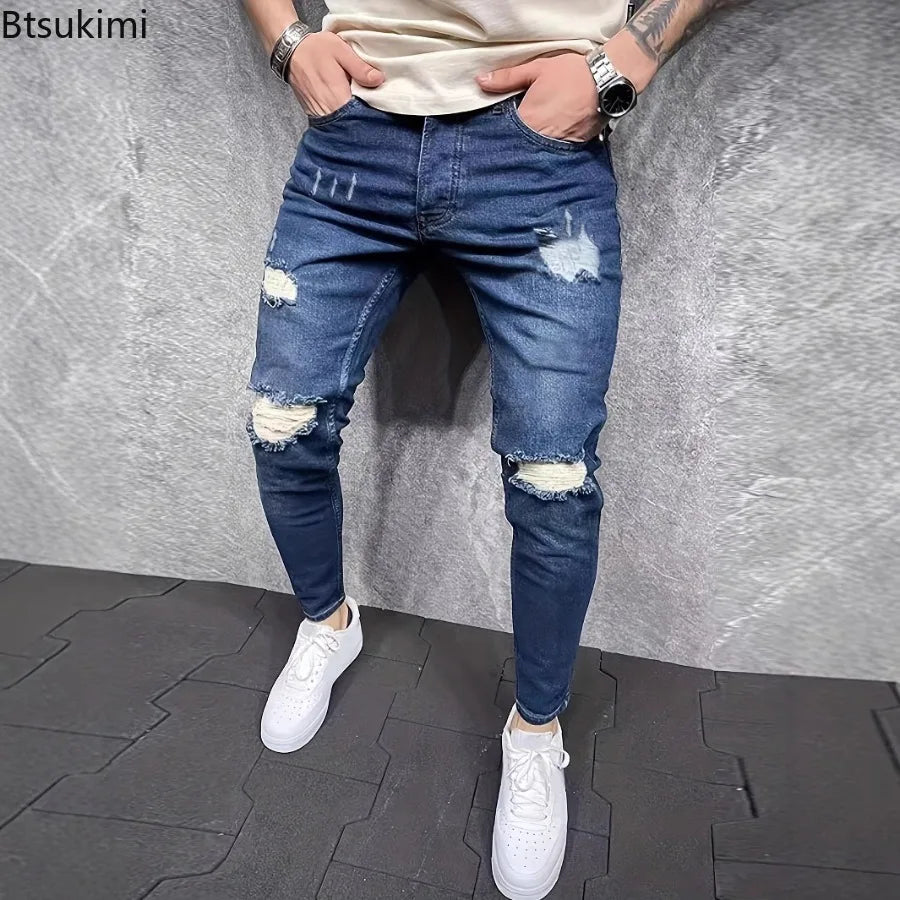 New Men's Fashion Ripped Skinny Jeans Street Style Vintage Washed Solid Holes Denim Trousers Male Casual Slim Pencil Denim Pants