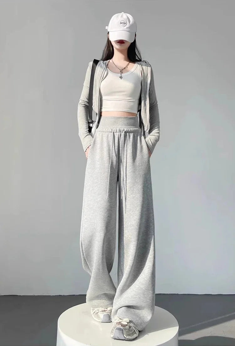 Women High Waist Drawstring Wide Leg Sweatpants Casual Loose Solid Color Straight Trousers Soft Sports Jogger Pants Streetwear