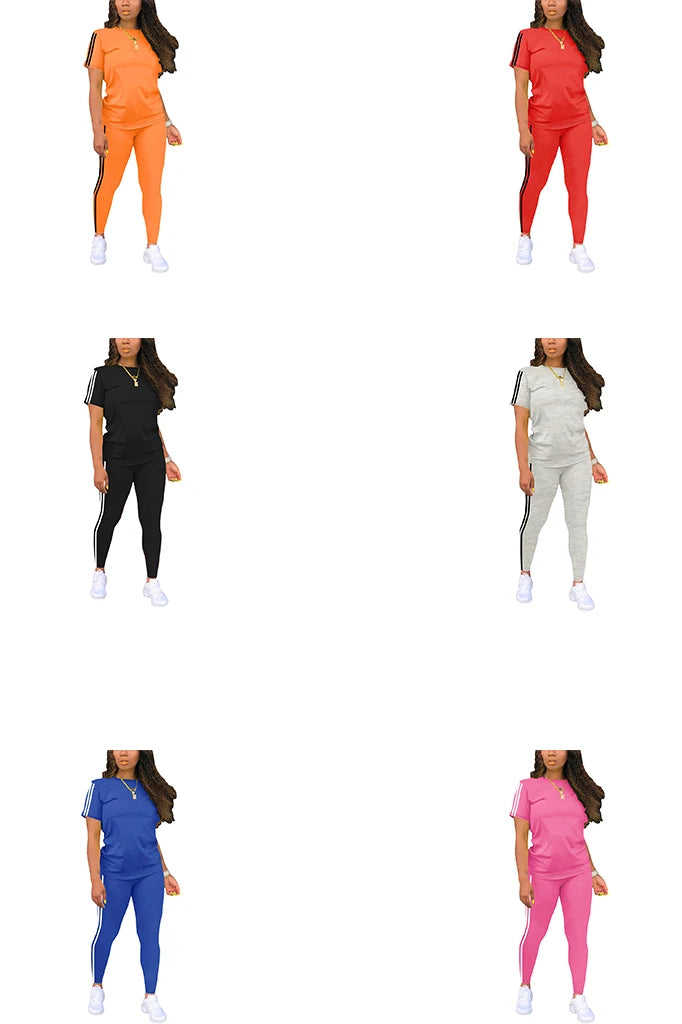 Women's Side-Striped Summer Sportswear Set Short Sleeve Long Pants Breathable Base Layer Clothing Colorful Casual Outfit