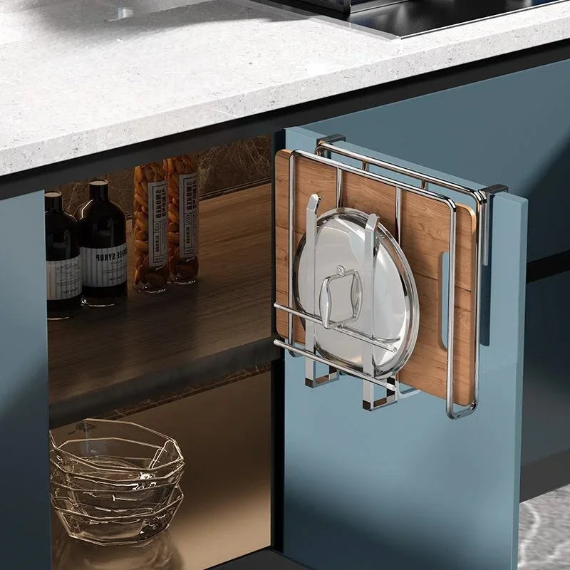 Kitchen Under Cupboard Hanging Organizer Rack with Hook Paper Towel Rags Hanger Cutting Board Pot Cover Holder Storage Shelf