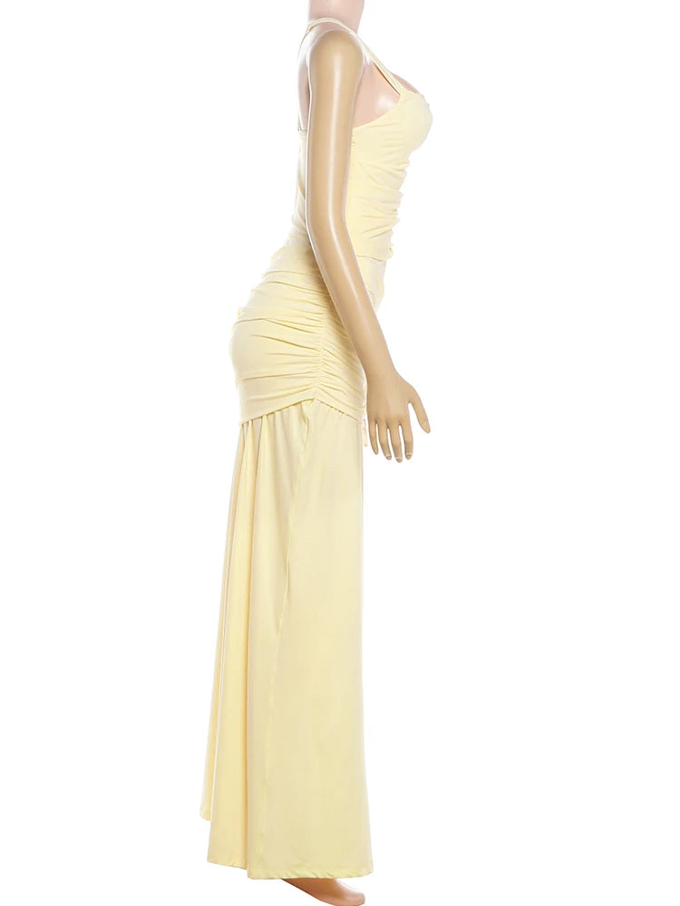 Sisterlinda Chic Elegant Backless Dress Women Folds Square Collar Low-Neck Sleeveless Birthday Party Solid Chic Banquet Vestidos