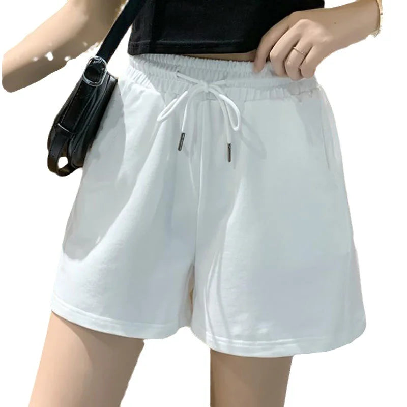 New Arrival Summer Women Casual Shorts High Waist Loose Fit Drawstring Waist Solid Color Hot Pants