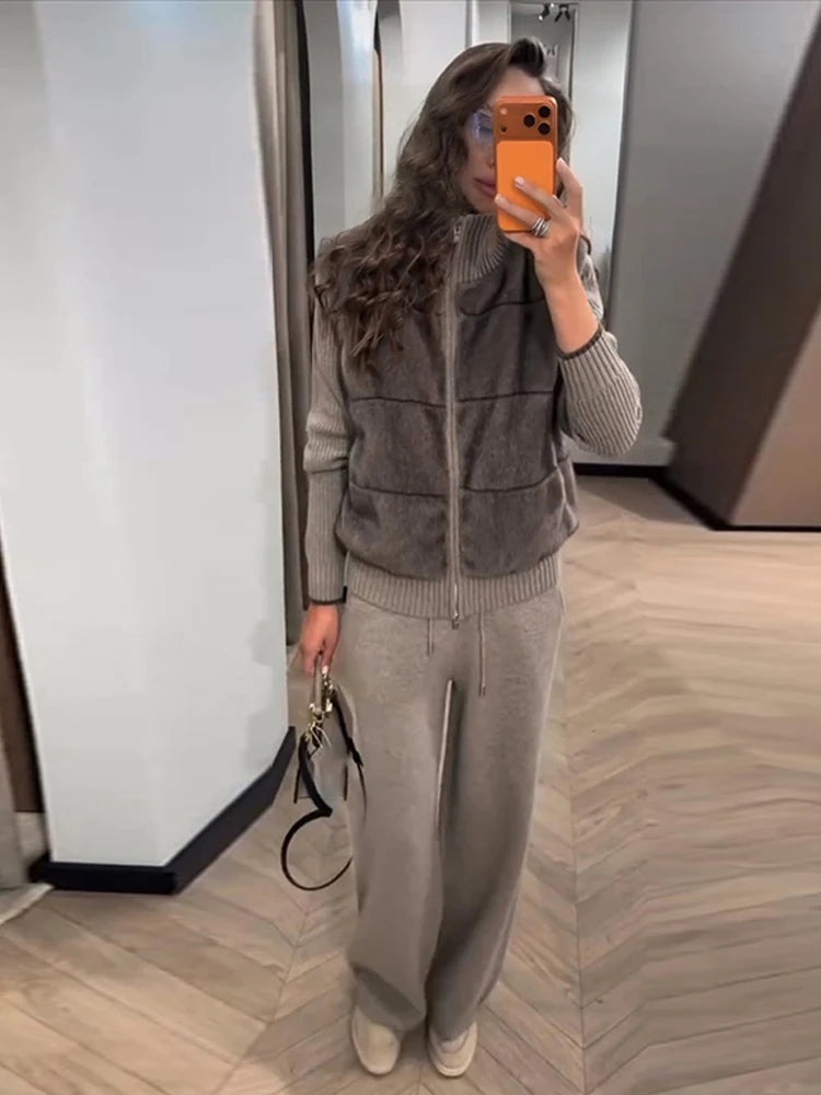 2026 Spring Knitted Long Pants Sets For Women Faux Fur Patchwork Zipper Sweater Jacket Wide Leg Trousers Lady Chic 2 Pieces Sets