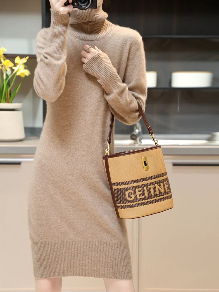 Elegant Cashmere Sweater Womens Dresses 100% Merino Wool Autumn Winter Turtleneck Knitted Dress Female Casual Long-Sleeve Skirts