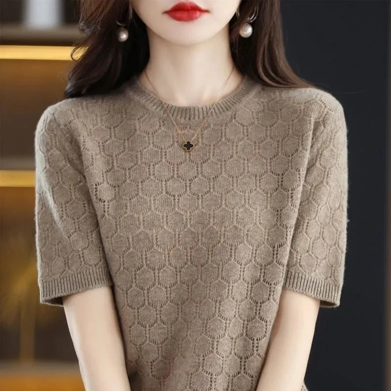 Short Sleeve T Shirt Women O Neck Wool Cotton Pullover Black Crop Top Spring Summer 2024 New Streetwear Basic Knitted Sweater To