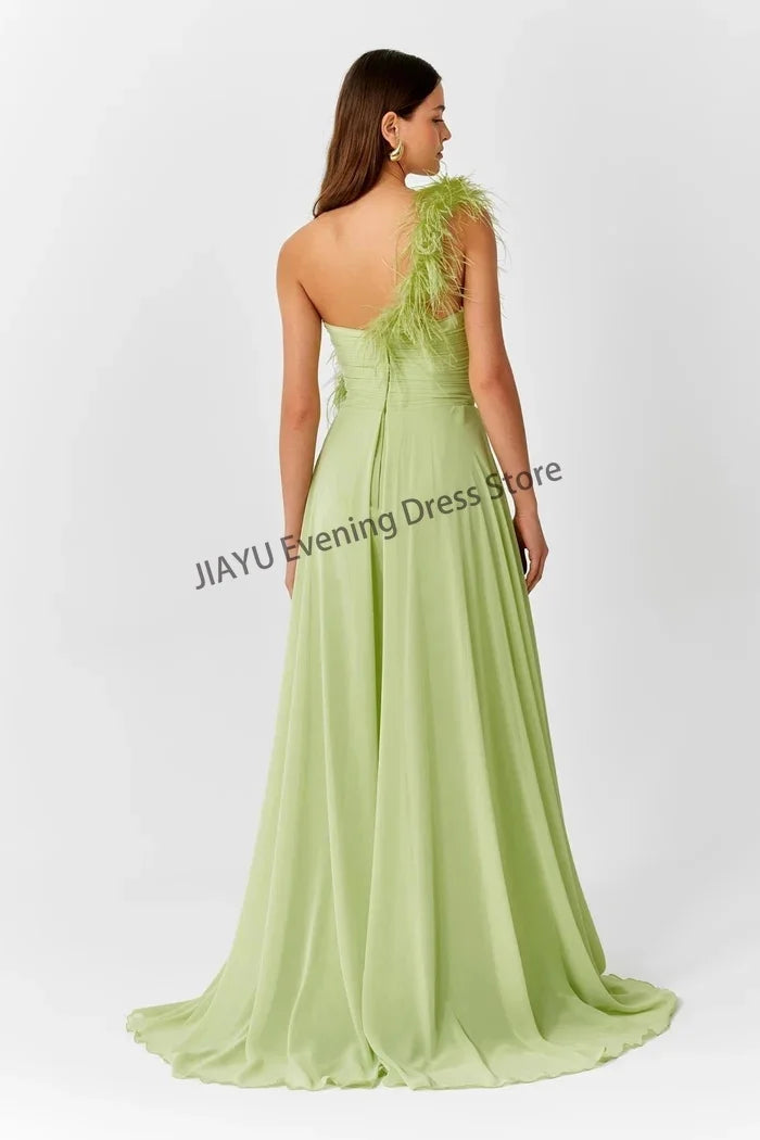 Customzied Chiffon A-line Thigh Slit Floor Length Prom Gown Women's Fashion One Shoulder Sleeveless with Feather Party Dress New