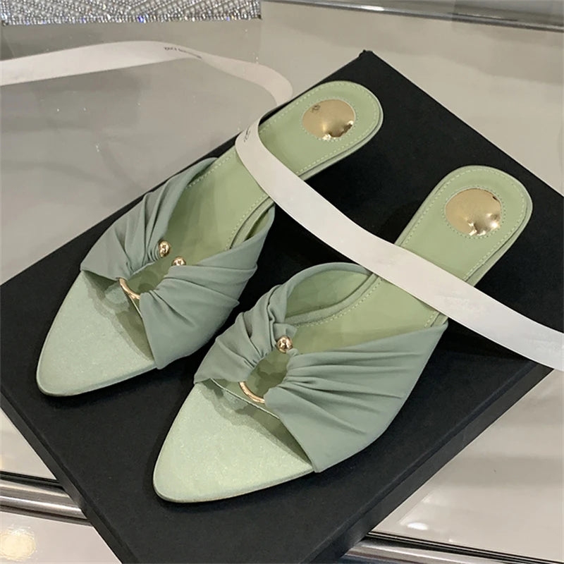 Eilyken New Design Pleated Hollow Out Thin Low Heels Women Slippers Fashion Pointed Toe Party Dress Female Summer Shoes