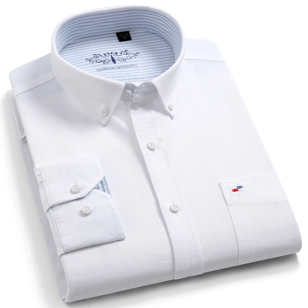 Men's 100% Cotton Breathable Oxford Fabric Dress Shirt, Plaid Striped Casual Long Sleeve, Button-Up with Collar and Chest Pocket
