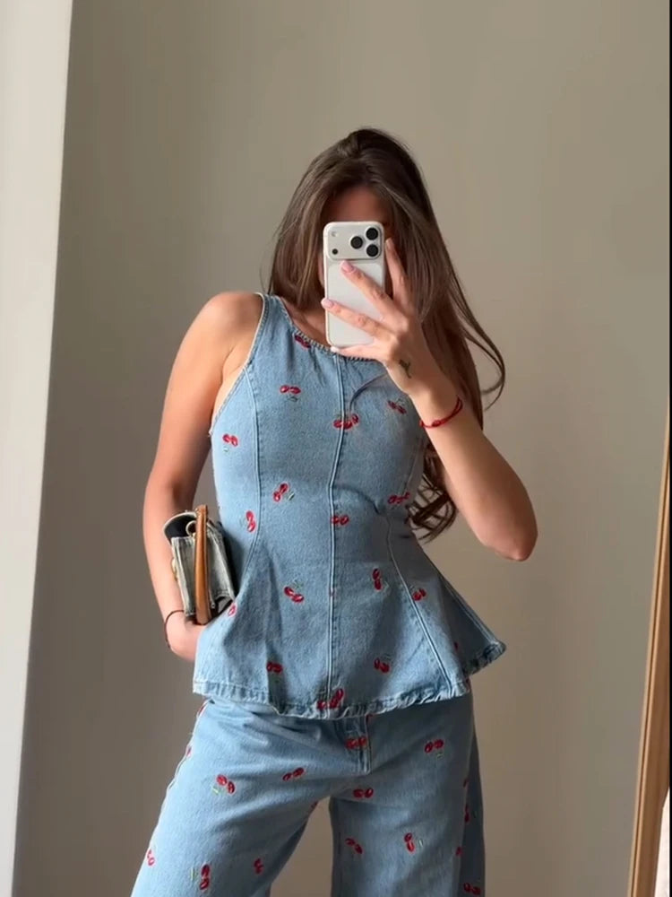 Denim Printed Pants 2 Piece Set Women Elegant Round Neck Sleeveless Vests Slim Long Pant Suits 2026 Lady Daily Street Outfit New