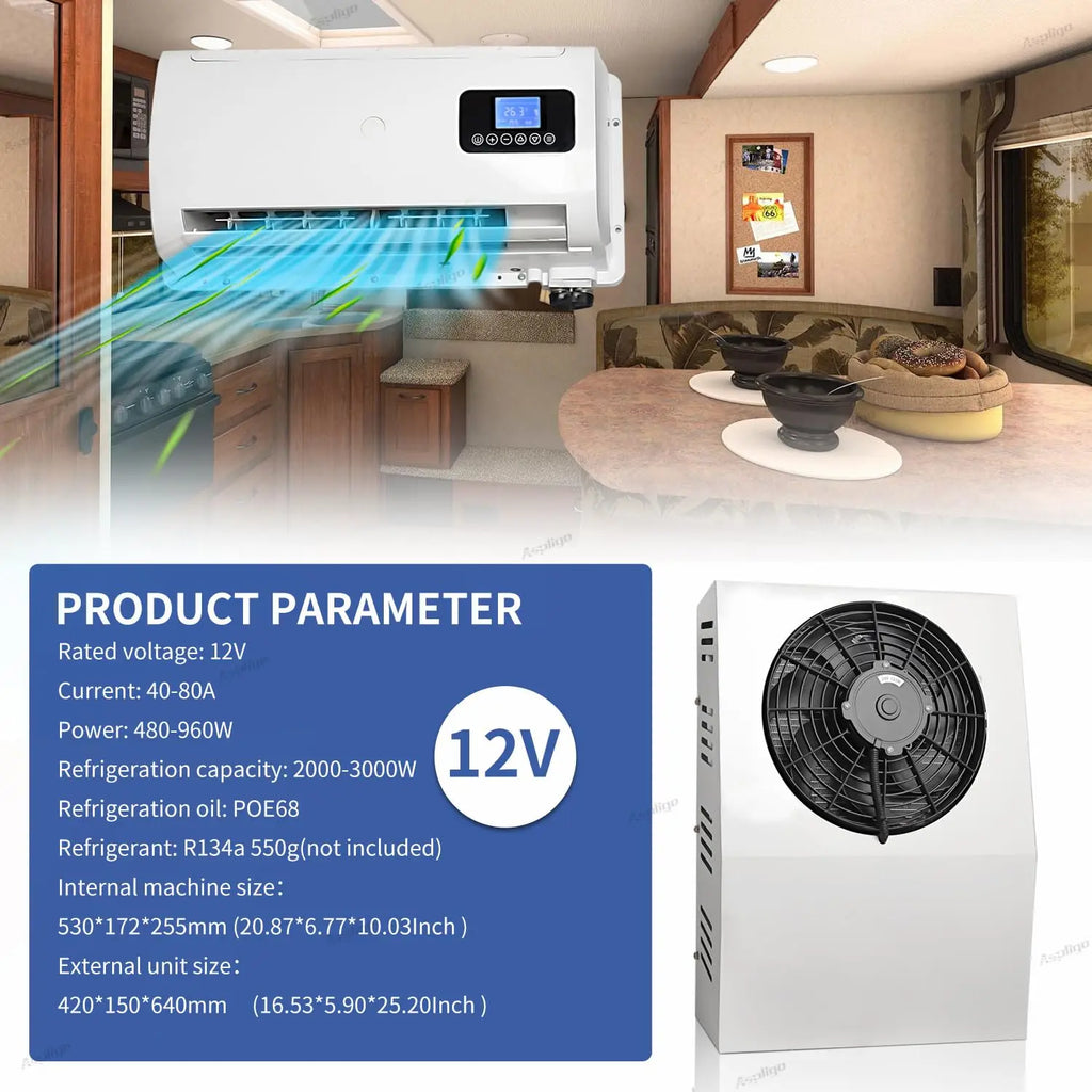 Aspligo 10500BTU 12V Split Air Conditioner Low Noise 24V Energy Saving Parking AC For Car Motorhome Truck Camper RV CE Certified