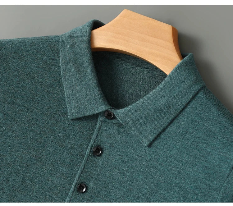 Men's Worsted Wool Kknit Pullover, Business Casual Polo Neck Sweater, Monochromatic Loose Top, Autumn and Winter Fashion, New
