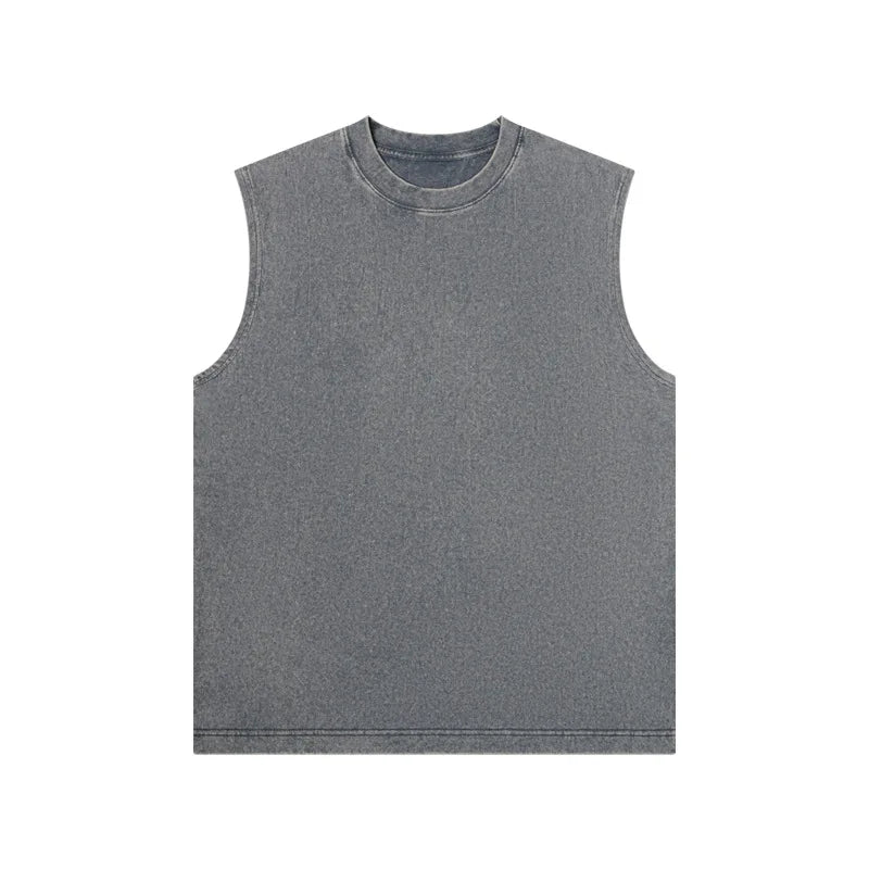 230g Pure Cotton European and American High Street Retro Washed Distressed Sleeveless Vest Men's Casual Loose Shoulder T-shirt