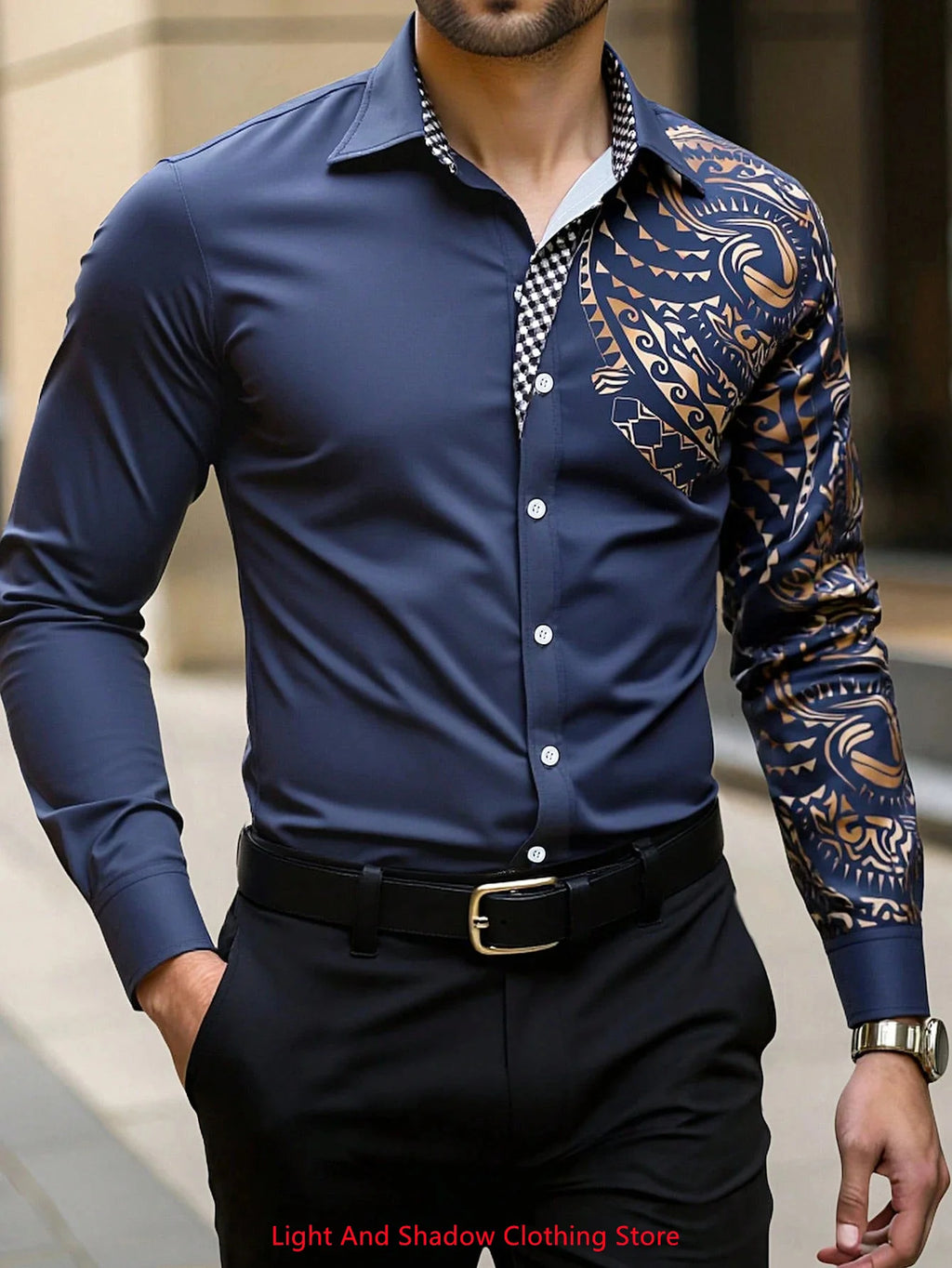New Men's Fashionable Business Casual Long Sleeved Shirt, Classic Printed Collar, Social Party Comfortable Men's Clothing