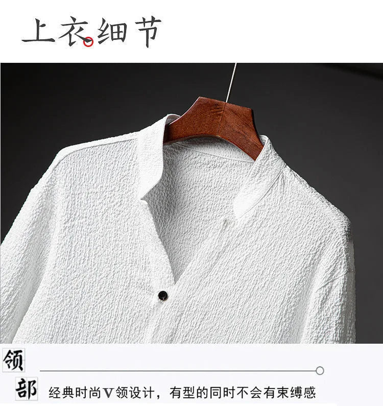 2026 Men's Two Piece Pant Sets Spring Summer Short Sleeve Shirt And Pants Outfits For Men Solid Cotton Linen Clothing Sets Male