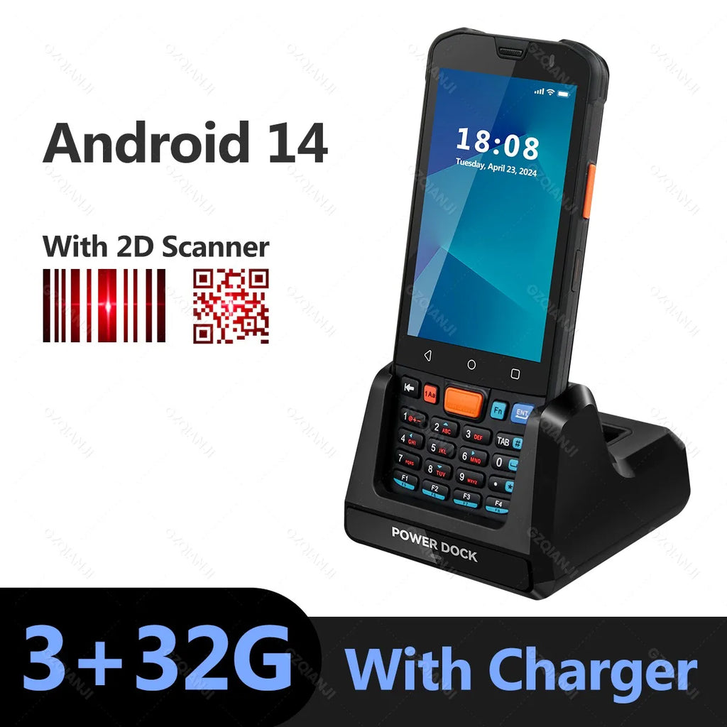 Android 14 Handheld PDA Portable Terminal 1D/2D Barcode Scanner Data Collector with NFC WIFI 4G 3+32GB Running Charger Station