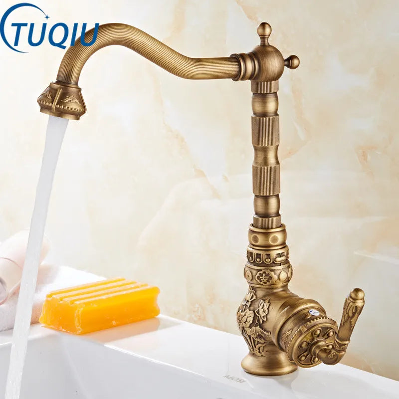 Tuqiu Basin Faucet Antique Sink Faucet Carved Bathroom Faucet Rotate Hot & Cold Brass Kitchen Faucet FWater Mixer Tap Crane