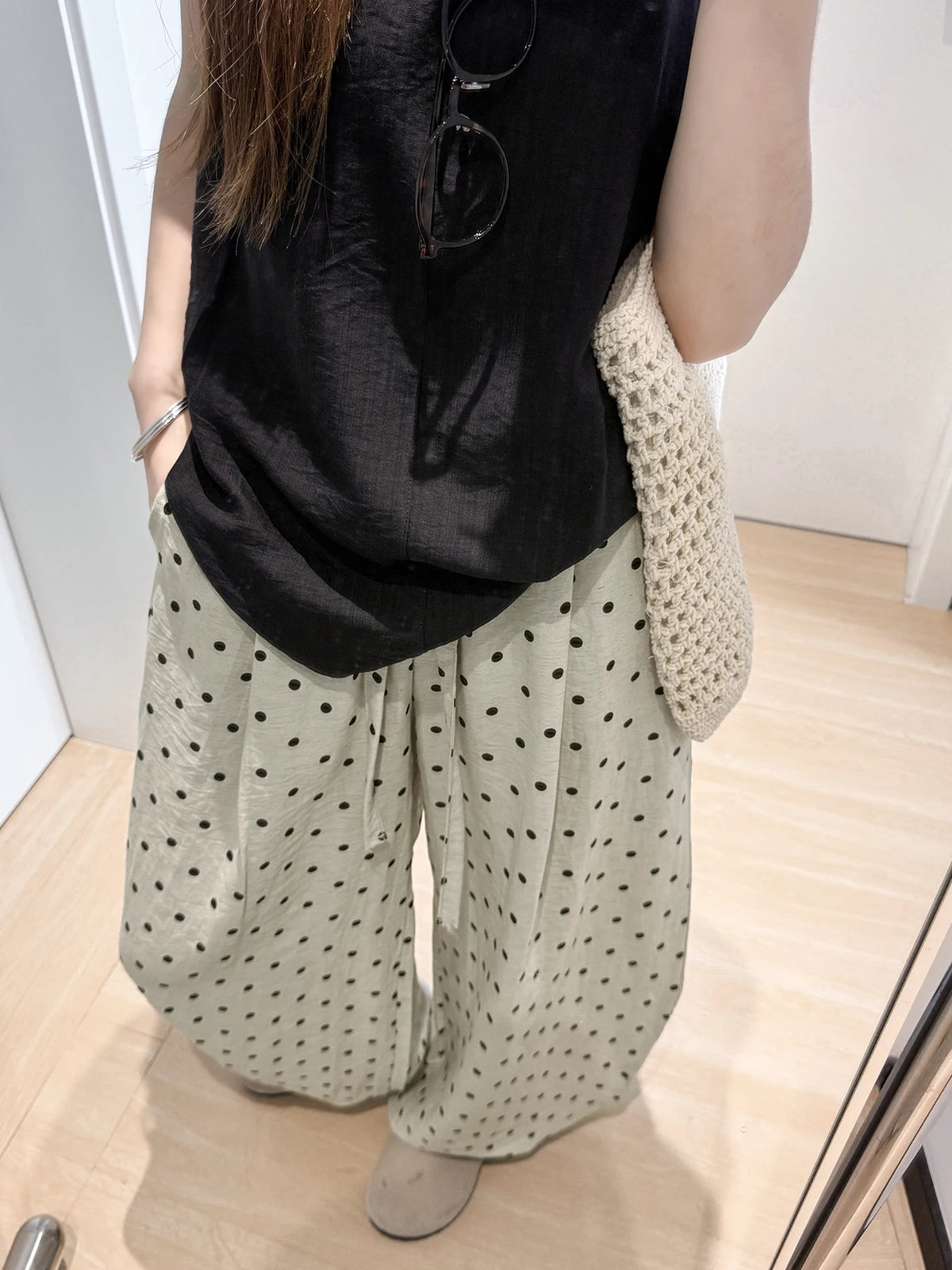 Linen Polka Dot Wide-Leg Pants for Women's Summer, Thin High-Waisted Loose and Laid-Back Style Yamamoto Pants, Casual Straight-L