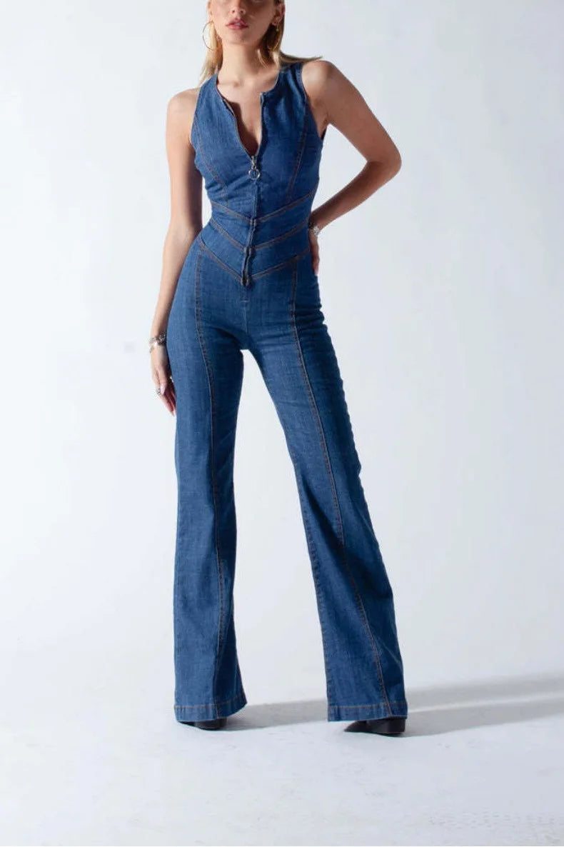 Fashion Denim Jumpsuit Women's Sexy New Tank Slim Sleeveless High Waist Hollow Zipper Backless Love Jumpsuits Streetwear Women