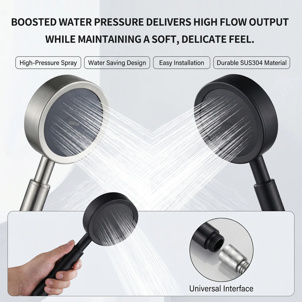 304 Stainless Steel Handheld Shower Head  High Pressure Booster   Universal Connector  Bathroom Shower Sprayer for Home Bath