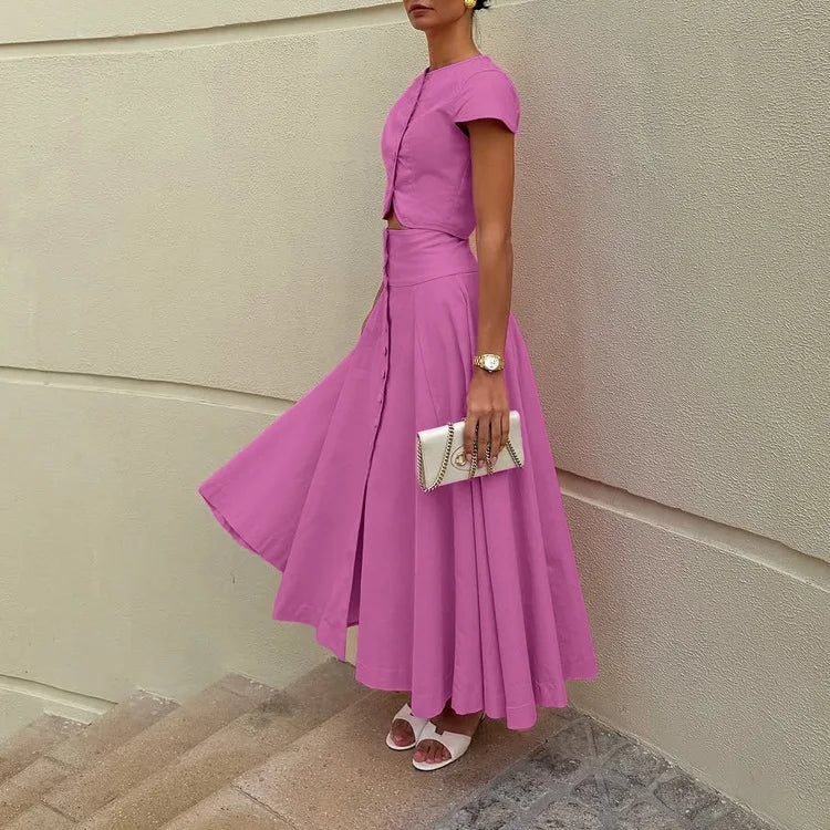 Two Pieces Women Dress Sets Solid Matching Sets Button Short Sleeves Top Empire Waist Ankle Length Skirt Loose Fit 2026 Summer