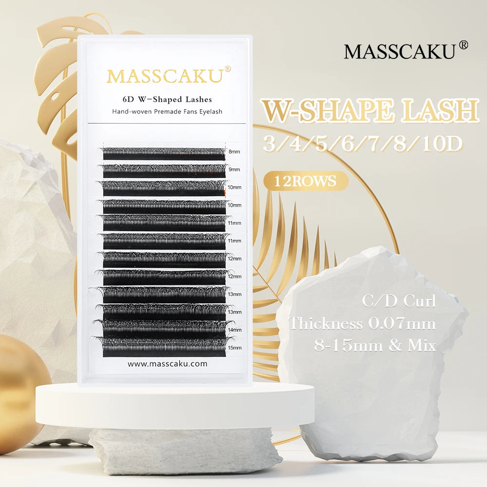 10cases/lot MASSCAKU 3D 4D 5D 6D 7D 8D W Shape Bloom Premade Fans Eyelash Extension Natural Soft Light Full Dense W Shape Lash