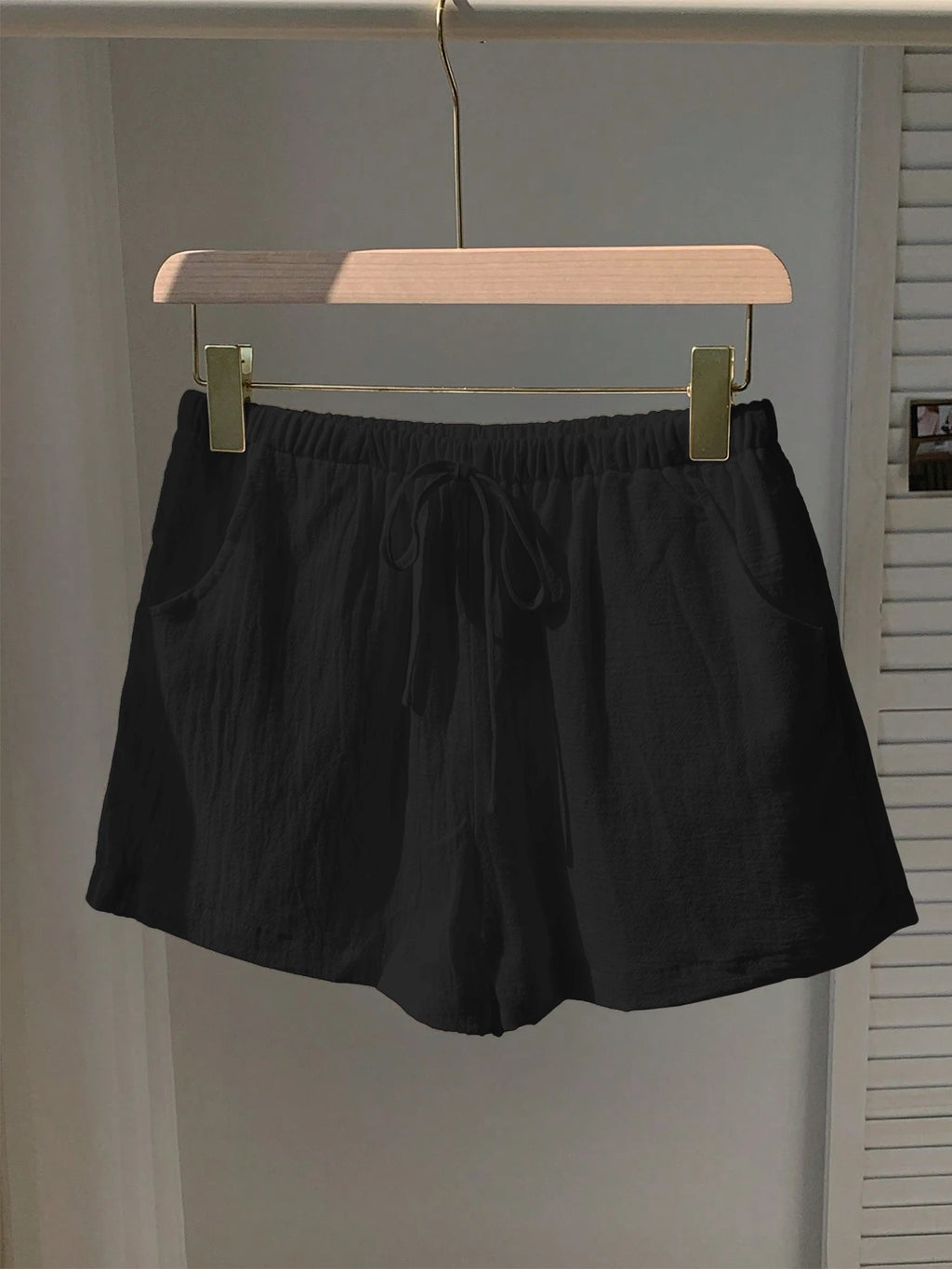 Ladies New Spring Summer Linen Solid Color Casual Sports Elastic Waist Drawstring Short Pants