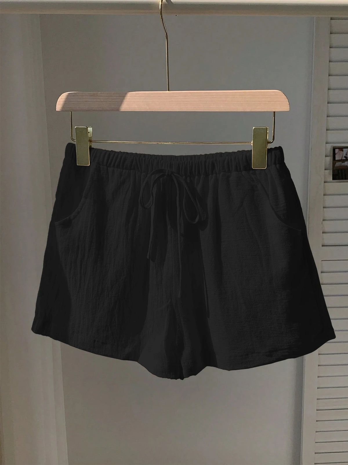 Ladies New Spring Summer Linen Solid Color Casual Sports Elastic Waist Drawstring Short Pants