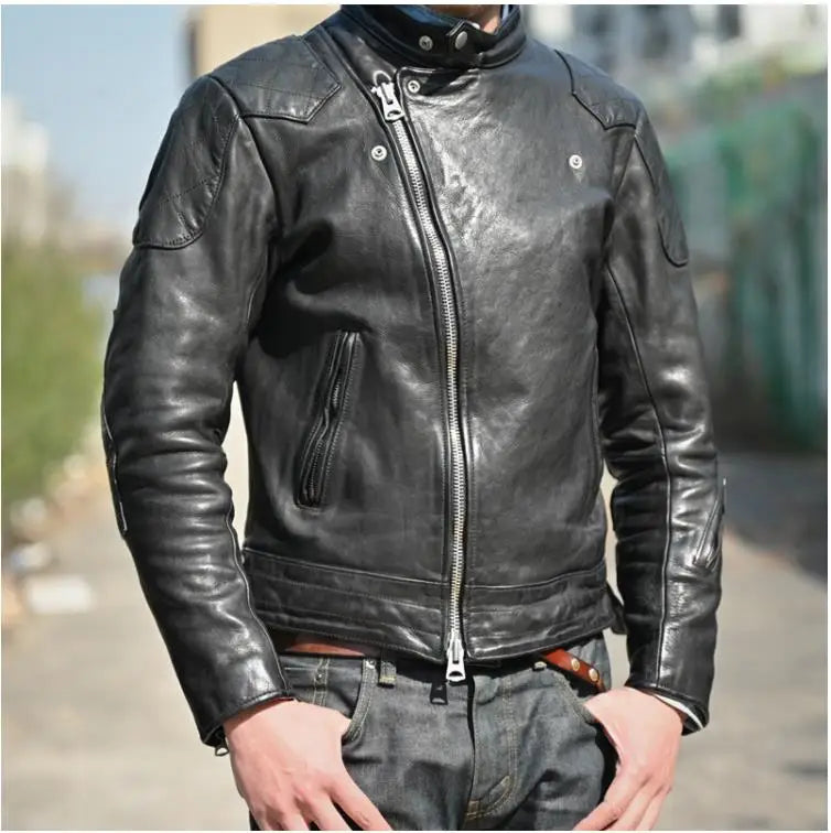 YR!Best.Heavy Thick Cowhide Motor Jacket.Mens Vintage Style Tanned Leather Coat.1.5mm Leather Rider Jacket.Slim Fit