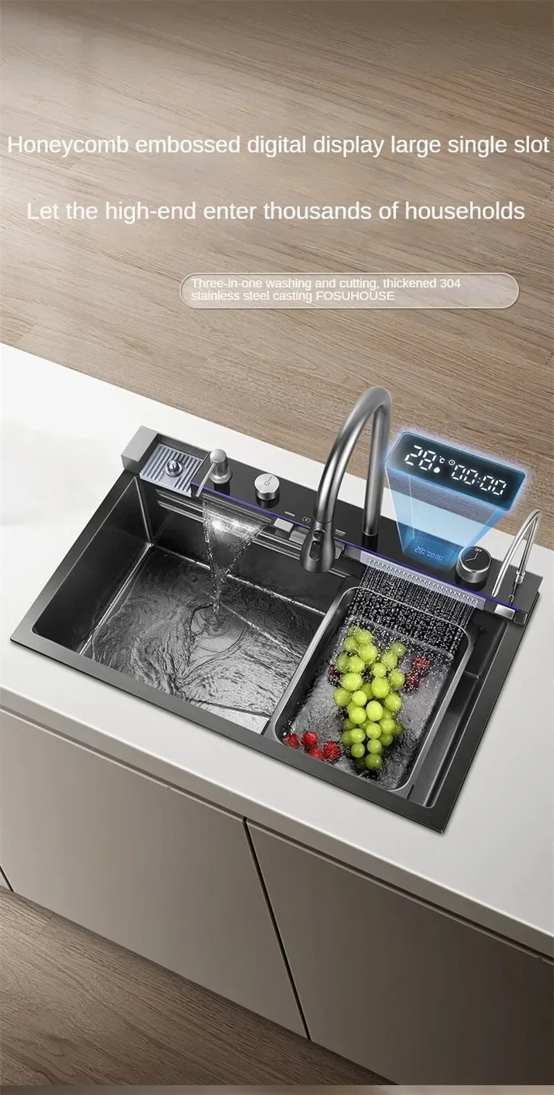 304 Stainless Steel Kitchen Sinks Large Single Bowl Nano Embossed Wash Basin Digital Display Modern Home Station