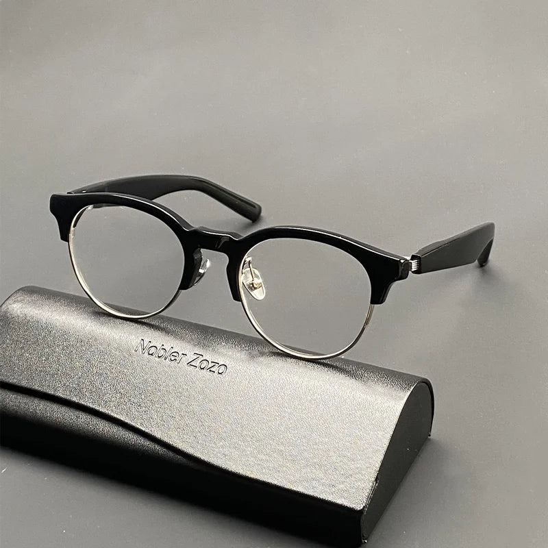 High quality acetate half frame glasses Men's round myopia prescription glasses spring legs pure titanium optical glasses frame