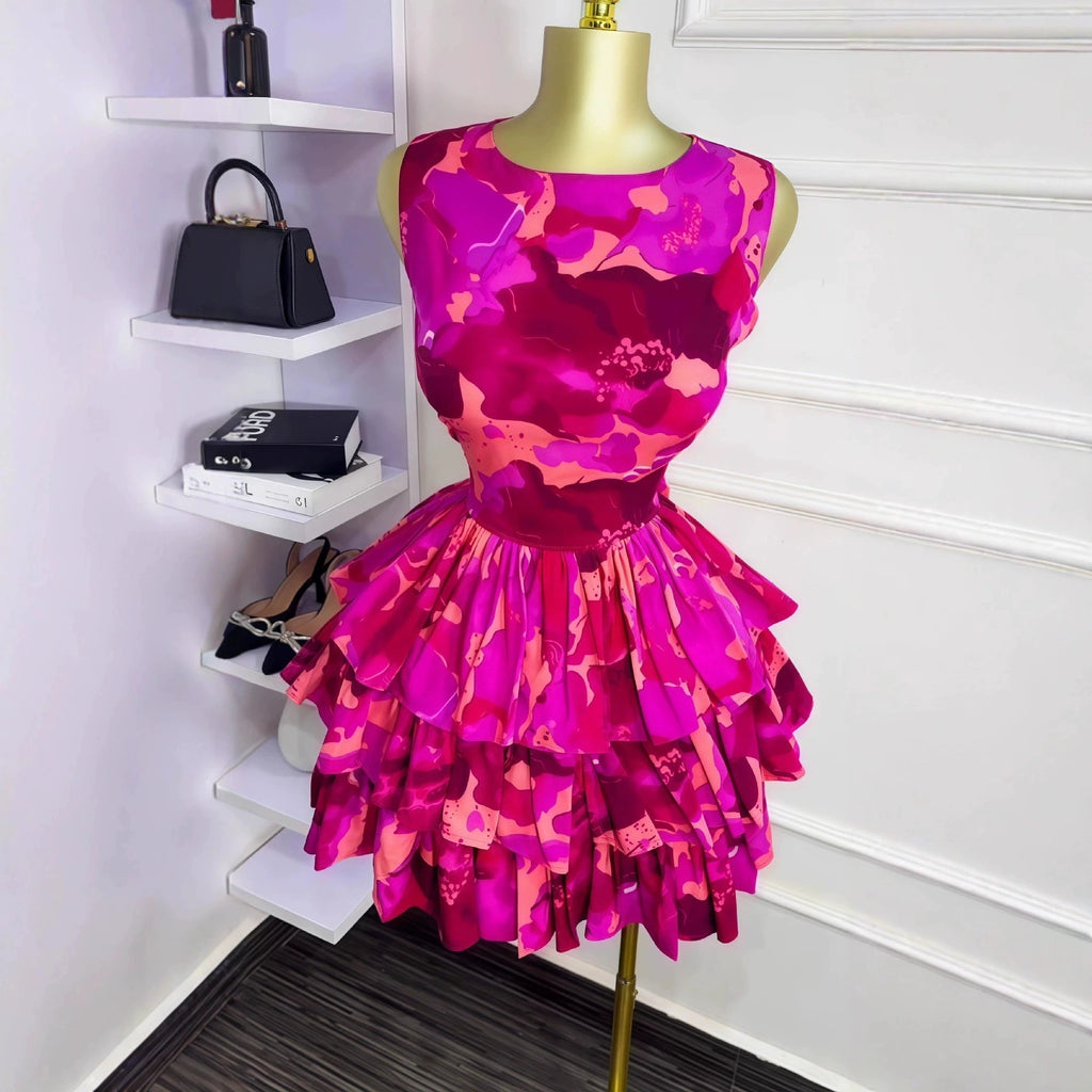 2026Elegant Women Ruffles Sexy Mini Dress Fashion Floral Print Chiffon Short Skirt Long Sleeve V Neck Hollow Out Low Cut Dresses